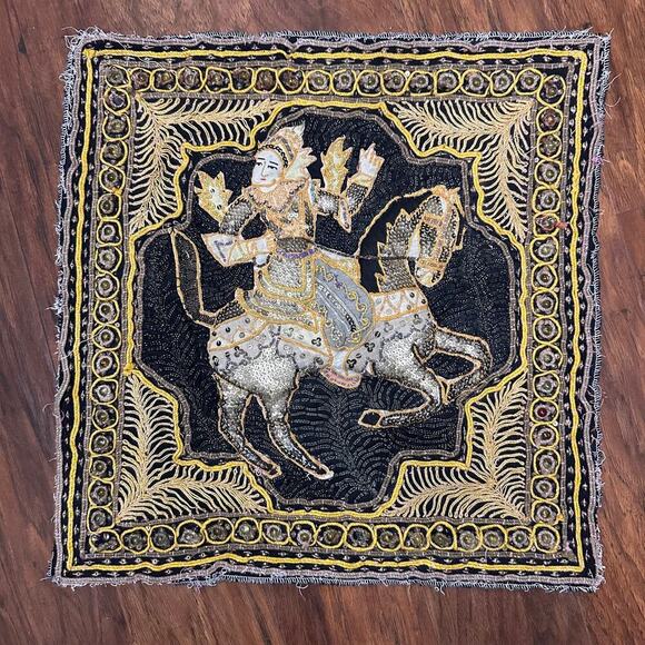 Other Other - Antique Burmese Kalaga Embroidered Hand Sewn Horse Tapestry Flawed